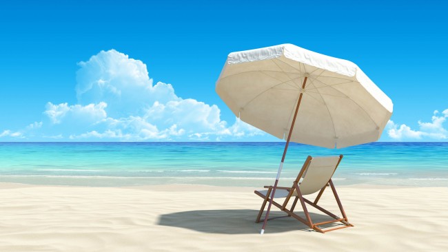 Beach chair and umbrella on idyllic tropical sand beach. No noise, clean, extremely detailed 3d render. Concept for rest, relaxation, holidays, spa, resort design.